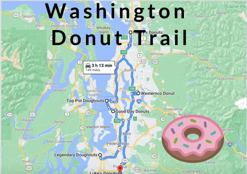 Map of the Washington Donut Trail, highlighting various donut shops and a pink donut graphic.