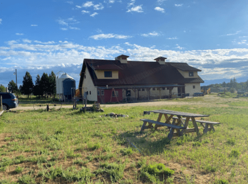 A rustic barn-style building with a red roof, surrounded by green grass and a picnic table in the foreground.