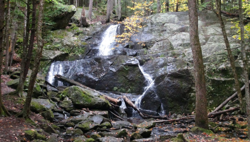 A serene waterfall cascades over rocks, surrounded by trees and autumn foliage in a tranquil forest setting.