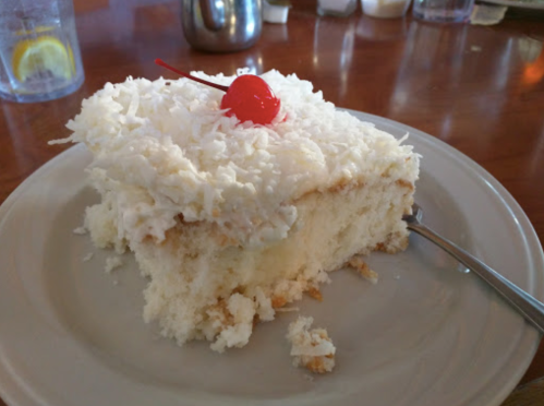 A slice of coconut cake topped with shredded coconut and a cherry, served on a plate with a fork.