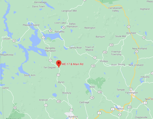 Map showing the intersection of ME-17 and Main Rd, located near Ten Degree in rural Maine.
