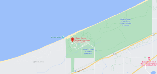 Map showing Indiana Dunes National Lakeshore, highlighting Porter Beach and surrounding green areas.
