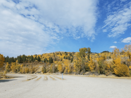 A scenic view of a gravel road surrounded by vibrant autumn trees and a blue sky with scattered clouds.