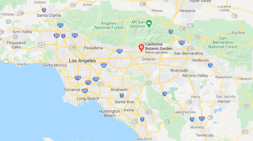 Map of the Los Angeles area, showing major highways, cities, and landmarks like the California Botanic Garden.