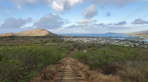 A scenic view of a railway track leading down a hillside, with lush greenery and a coastal town in the background.