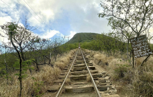 A steep, grassy trail with wooden steps leads up a hill, surrounded by trees and a cloudy sky. Inspirational sign on the right.