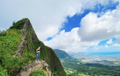 A person stands on a rocky outcrop overlooking a lush valley and ocean under a partly cloudy sky.
