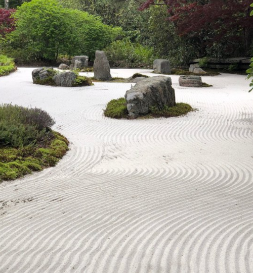 A serene zen garden featuring raked sand, moss, and scattered stones surrounded by lush greenery.