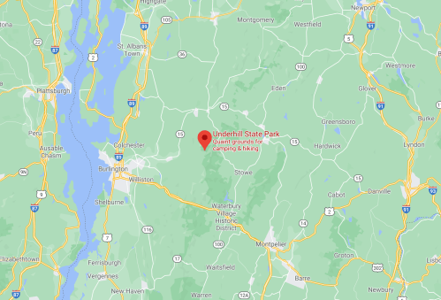 Map showing Underhill State Park in Vermont, highlighting camping and hiking areas.