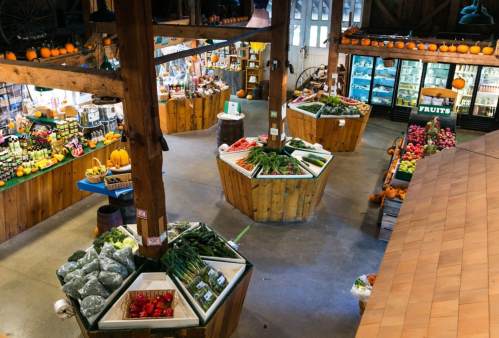 A vibrant market interior with wooden displays of fresh produce, pumpkins, and various goods under a rustic ceiling.