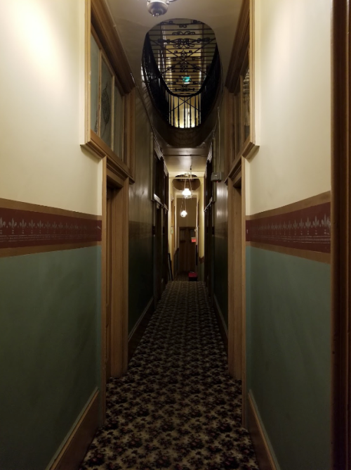 A long, narrow hallway with patterned carpet, green walls, and vintage light fixtures.