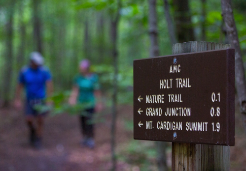 A wooden trail sign in a forest, indicating directions to various trails, with hikers blurred in the background.
