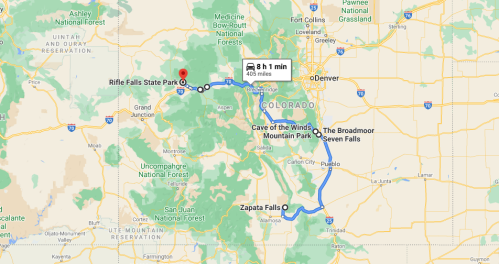 Map showing a route in Colorado from Rifle Falls State Park to various attractions, including Cave of the Winds and Zapata Falls.