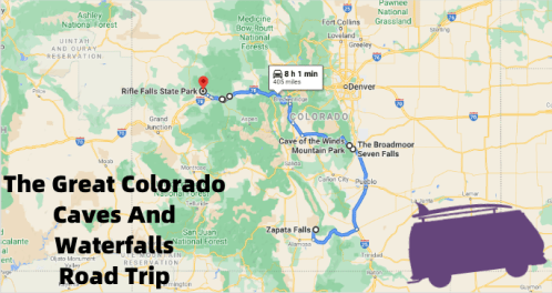 Map showing a road trip route in Colorado, highlighting Rife Falls State Park, Cave of the Winds, and Zapata Falls.