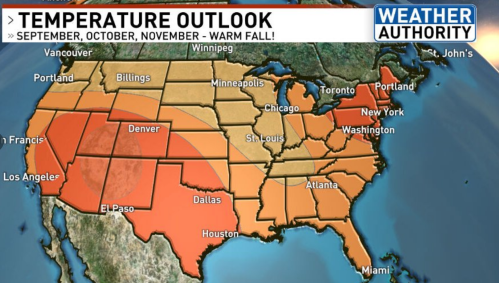 Map showing the U.S. temperature outlook for September to November, indicating a warm fall with orange and yellow shades.