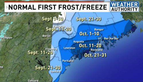Map showing normal first frost and freeze dates in Maine, with color-coded regions and date ranges from September to October.