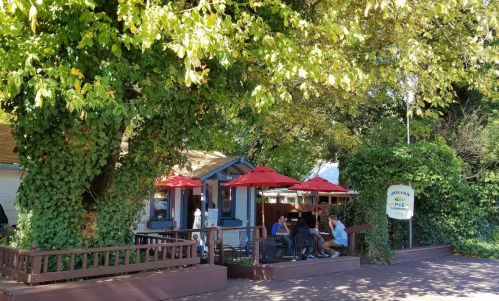 A cozy café with outdoor seating under red umbrellas, surrounded by lush greenery and trees.