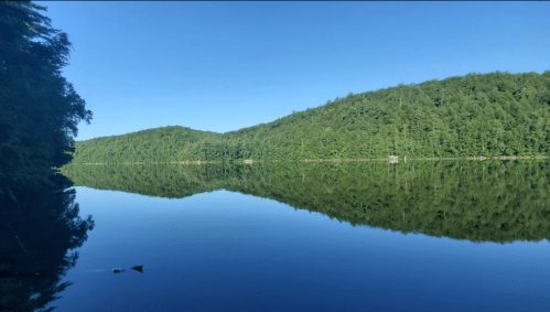 A calm lake reflecting green hills under a clear blue sky, surrounded by trees.