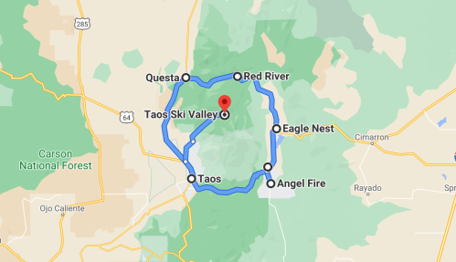 Map showing the Taos Ski Valley area, highlighting routes to nearby towns: Taos, Red River, Eagle Nest, and Angel Fire.