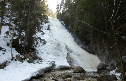 A waterfall cascading down a rocky slope, surrounded by snow and evergreen trees in a mountainous landscape.