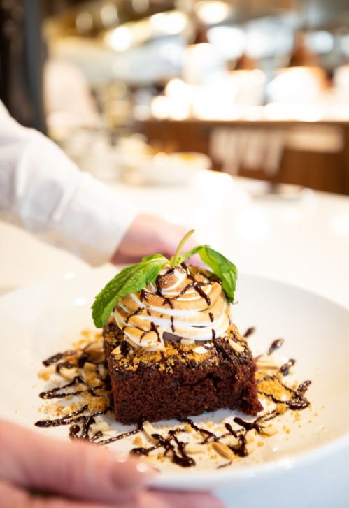 A slice of chocolate dessert topped with whipped cream, mint, and drizzled with chocolate sauce, served on a white plate.