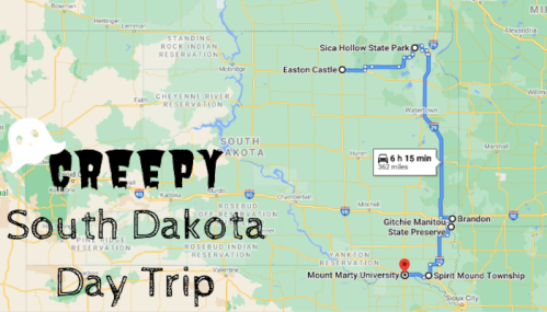 Map of a creepy day trip in South Dakota, highlighting Sica Hollow State Park and Spirit Mound Township.