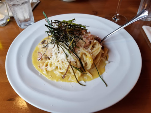 A plate of pasta topped with crispy greens and cheese, served in a creamy sauce on a wooden table.