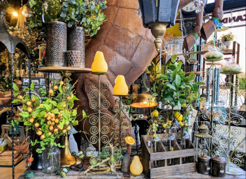 A vibrant display of decorative plants, unique vases, and artistic sculptures in a charming shop setting.