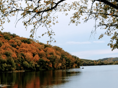 A serene river scene with autumn foliage reflecting on the water, framed by branches and a cloudy sky.