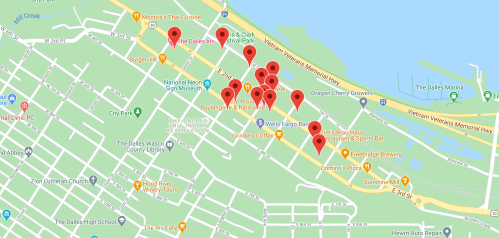 Map showing various locations marked with red pins in The Dalles, Oregon, including restaurants and attractions.