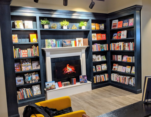 Cozy bookshelf with various books, a decorative fireplace, and plants, set in a warm, inviting room.