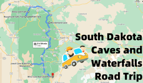 Map highlighting a road trip route in South Dakota, featuring caves and waterfalls, with a car icon.