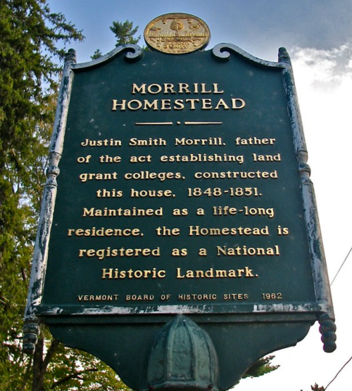 Sign for Morrill Homestead, noting its historical significance and construction details from 1848-1851.