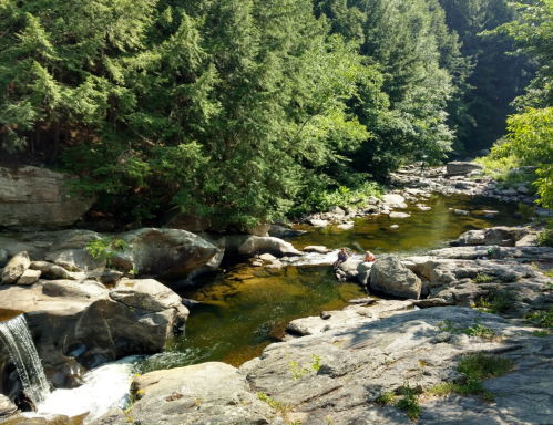 A serene river scene with rocks, a small waterfall, and two people sitting by the water surrounded by lush greenery.