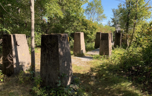 Stone pillars surrounded by greenery, leading to a wooden platform under a clear blue sky.