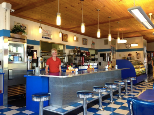 A retro diner interior with a smiling waitress at the counter, blue and white decor, and chrome stools.
