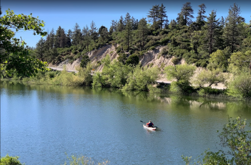 A person kayaking on a calm river surrounded by lush greenery and a forested hillside.