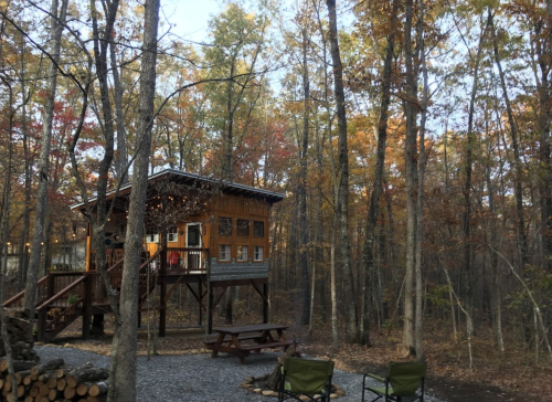 A cozy cabin in the woods surrounded by colorful autumn trees and a picnic table in front.