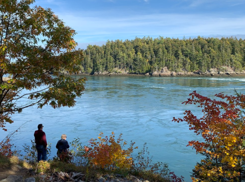 Two people stand by a river, surrounded by colorful autumn foliage and a forested shoreline under a clear blue sky.