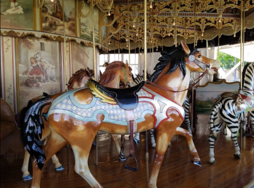 Colorful carousel horses and zebras in a vintage carousel setting with ornate decorations.