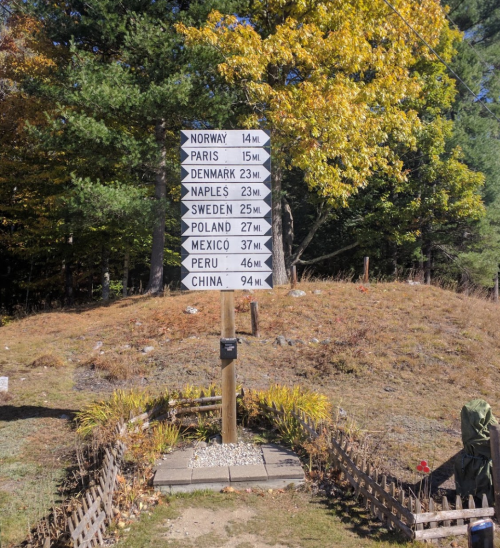 Signpost with distances to various locations: Norway, Paris, Denmark, Naples, Sweden, Poland, Mexico, Peru, and China.
