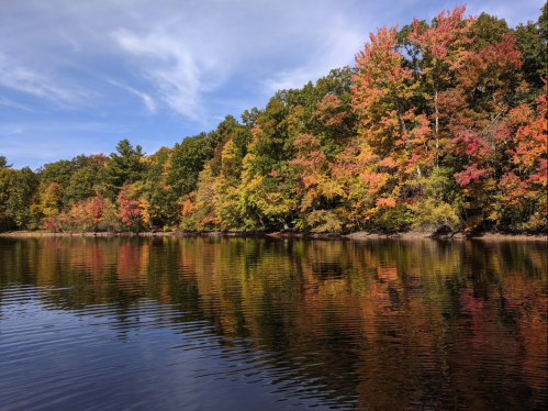 A serene lake reflecting vibrant autumn foliage and a clear blue sky.