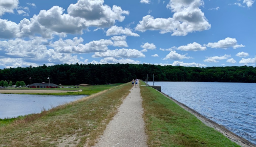 A scenic pathway along a lake, with people walking, surrounded by lush greenery and a blue sky with fluffy clouds.