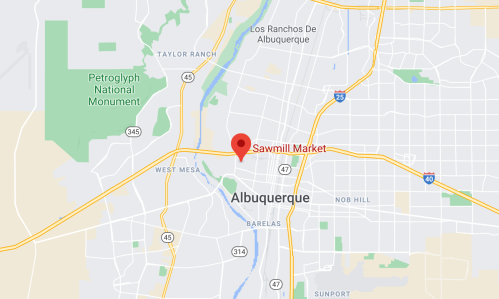 Map showing the location of Sawmill Market in Albuquerque, New Mexico, near major highways and landmarks.