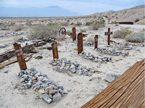 Grave markers in a desert landscape, surrounded by rocks and sparse vegetation, with mountains in the background.