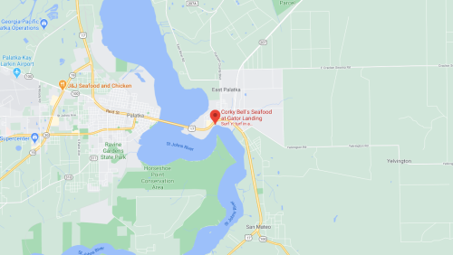 Map showing Corky Bell's Seafood at Gator Landing in East Palatka, Florida, near the St. Johns River.