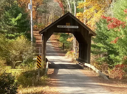 A covered bridge spans a gravel road, surrounded by autumn foliage and trees. A sign reads "Shady Meadow Covered Bridge."