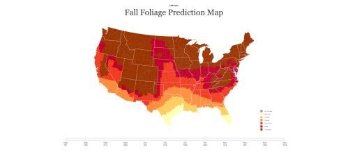 Map of the U.S. showing fall foliage predictions, with color gradients indicating peak foliage times from September to November.