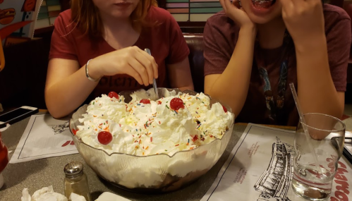 Two people sit at a table with a large bowl of ice cream topped with whipped cream, cherries, and sprinkles.