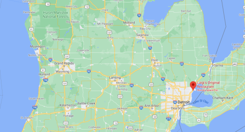 Map of Michigan highlighting the location of Luigi's Original Restaurant near Detroit.